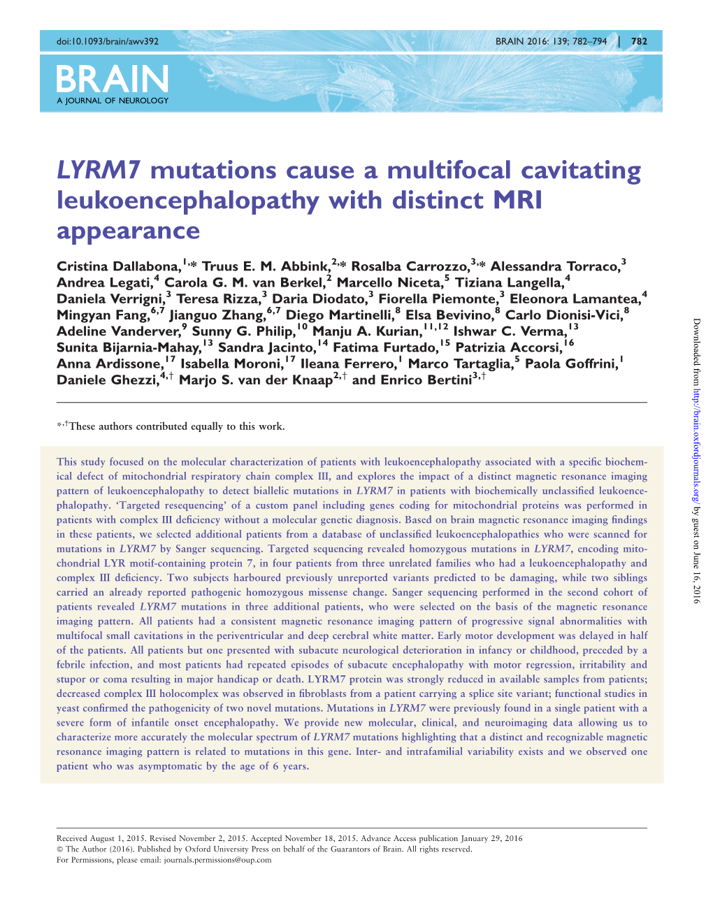 LYRM7 Mutations Cause a Multifocal Cavitating Leukoencephalopathy with Distinct MRI Appearance