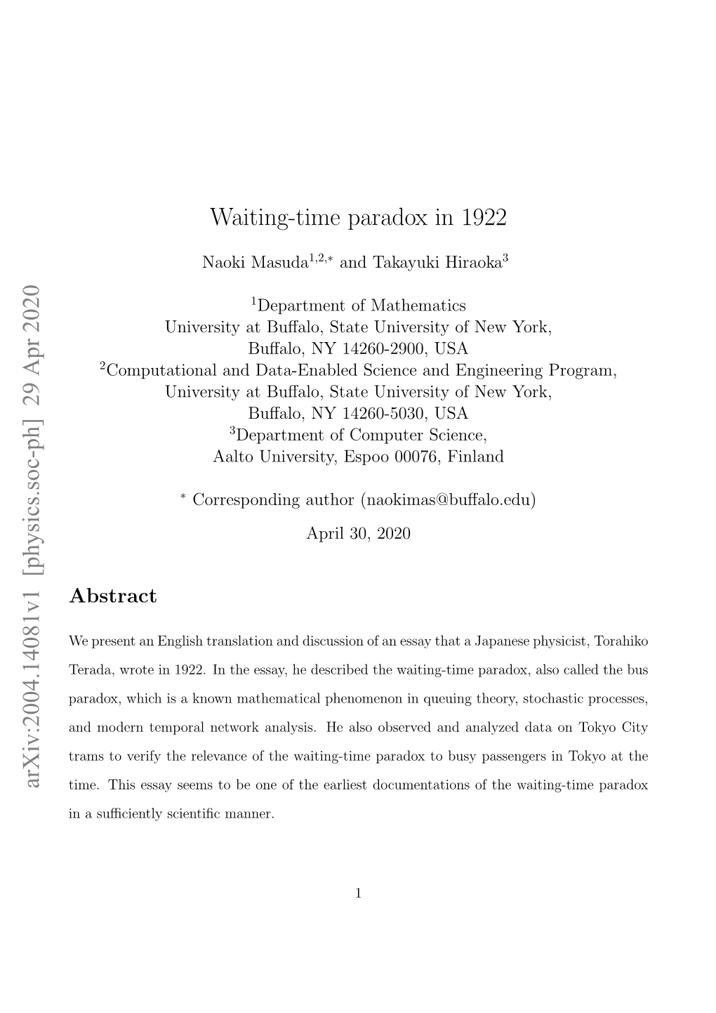 Waiting-Time Paradox in 1922 Arxiv:2004.14081V1 [Physics.Soc