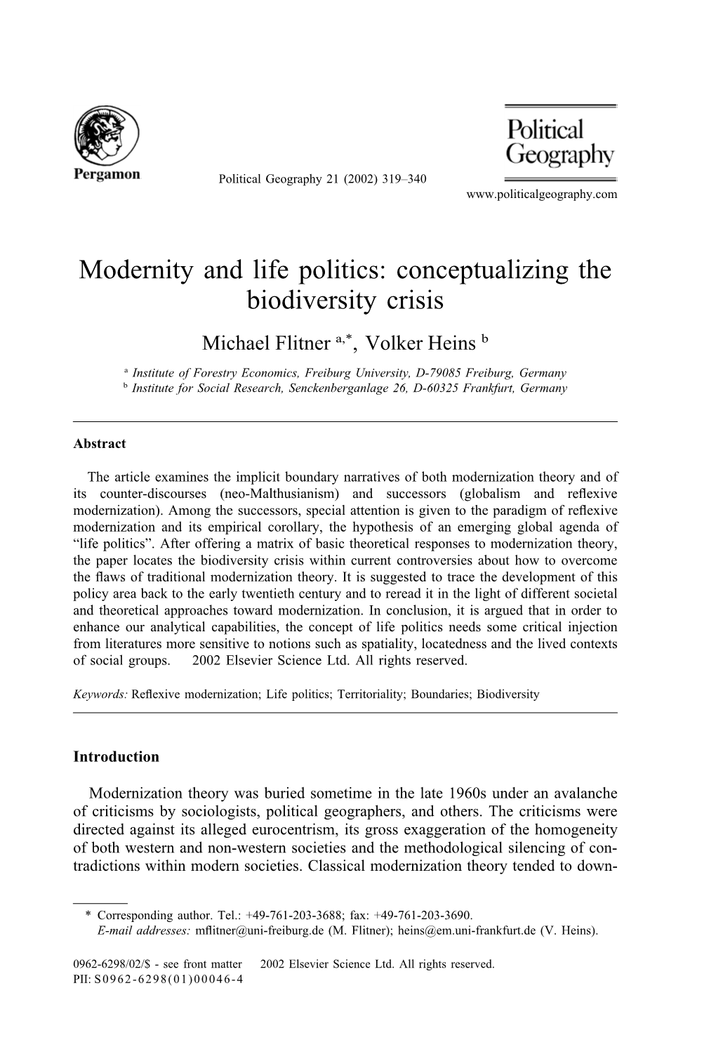 Modernity and Life Politics: Conceptualizing the Biodiversity Crisis