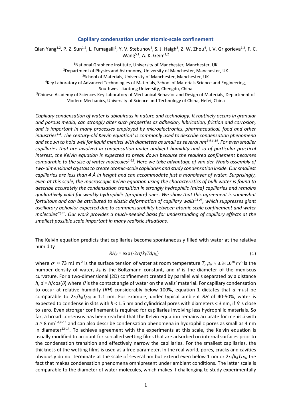 Capillary Condensation Under Atomic-Scale Confinement Qian Yang1,2, P