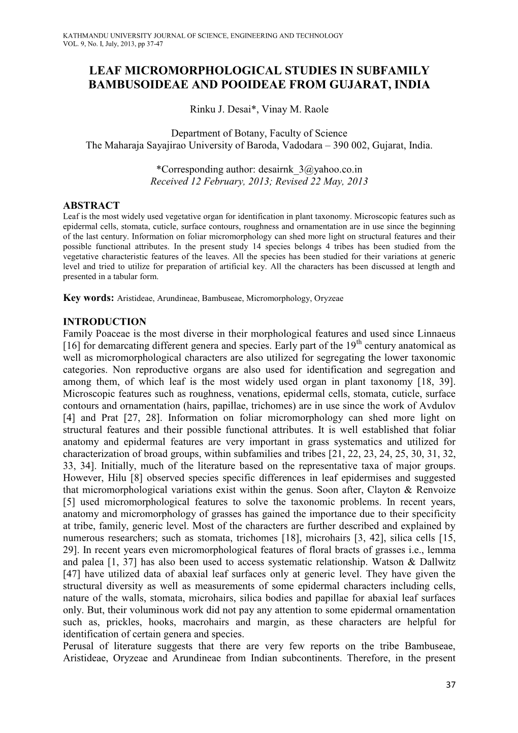 Leaf Micromorphological Studies in Subfamily Bambusoideae and Pooideae from Gujarat, India