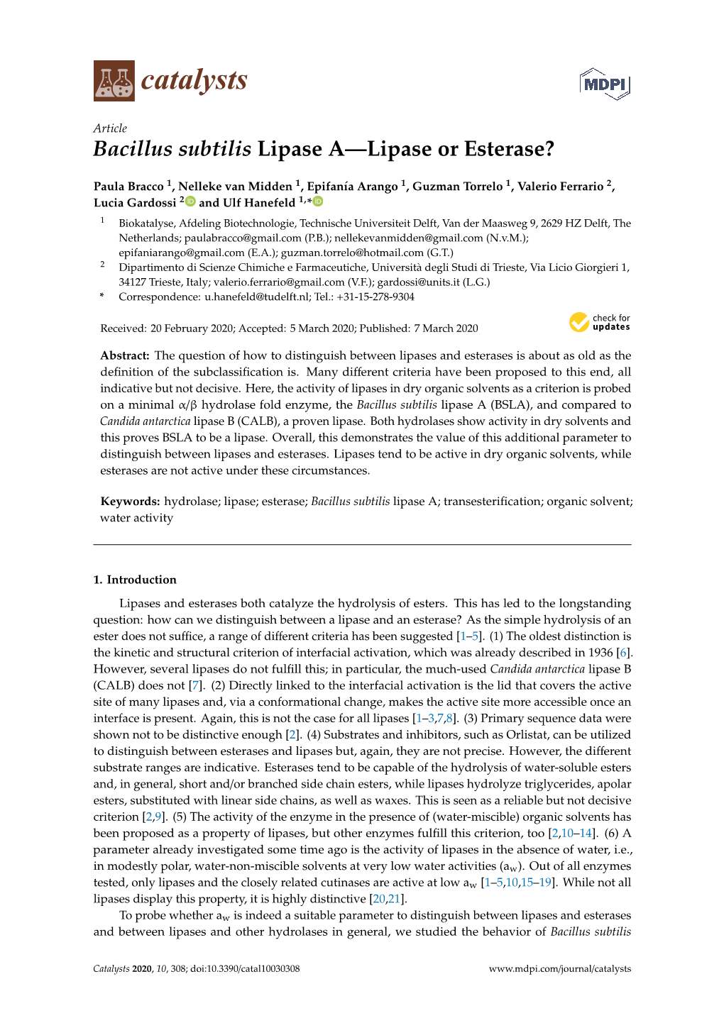 Bacillus Subtilis Lipase A—Lipase Or Esterase?