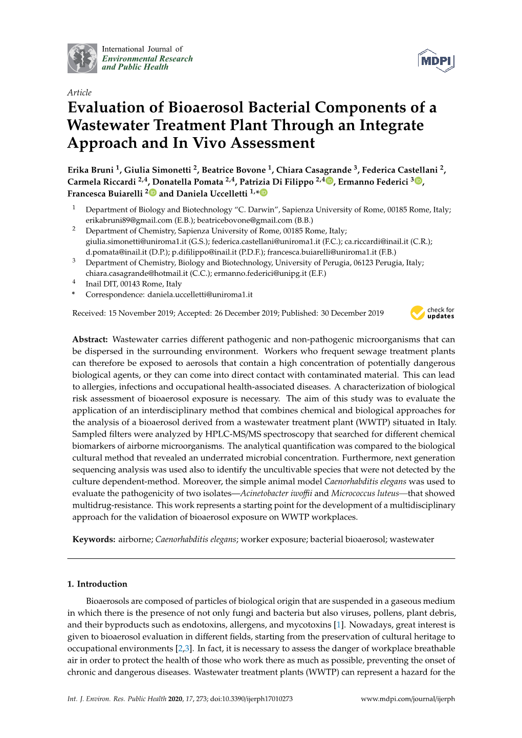 Evaluation of Bioaerosol Bacterial Components of a Wastewater Treatment Plant Through an Integrate Approach and in Vivo Assessment