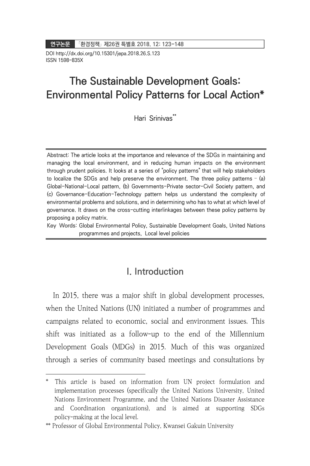 The Sustainable Development Goals: Environmental Policy Patterns for Local Action*