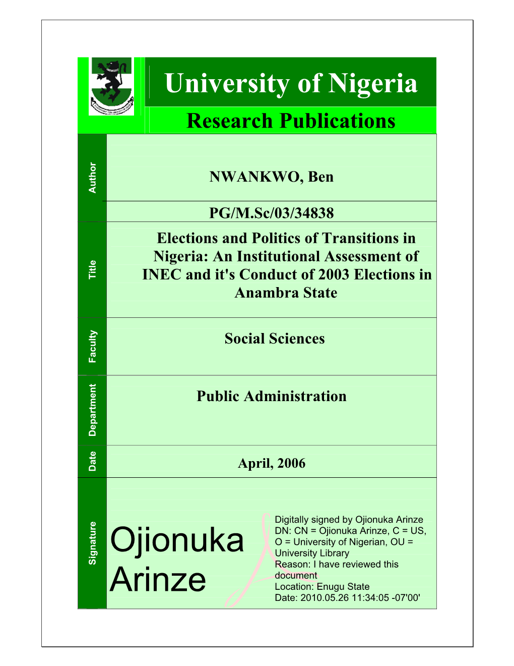 Elections and Politics of Transitions in Nigeria: an Institutional Assessment Of