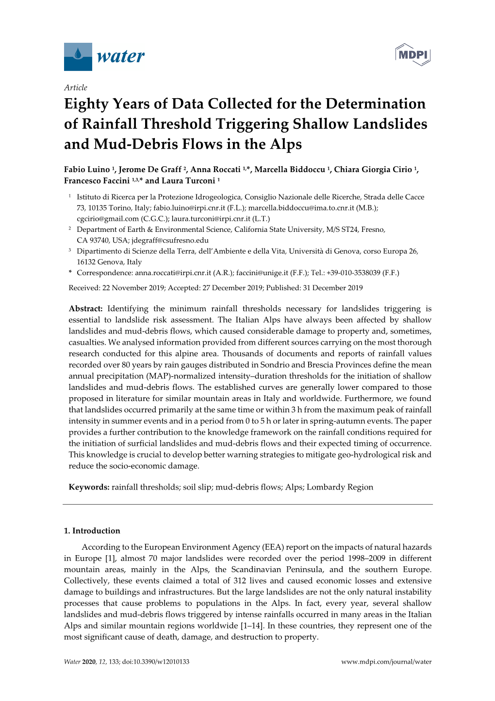 Eighty Years of Data Collected for the Determination of Rainfall Threshold Triggering Shallow Landslides and Mud‐Debris Flows in the Alps