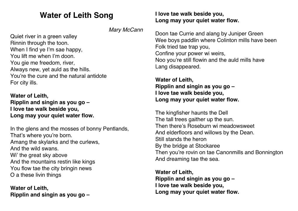 Water of Leith Song I Love Tae Walk Beside You, Long May Your Quiet Water Flow