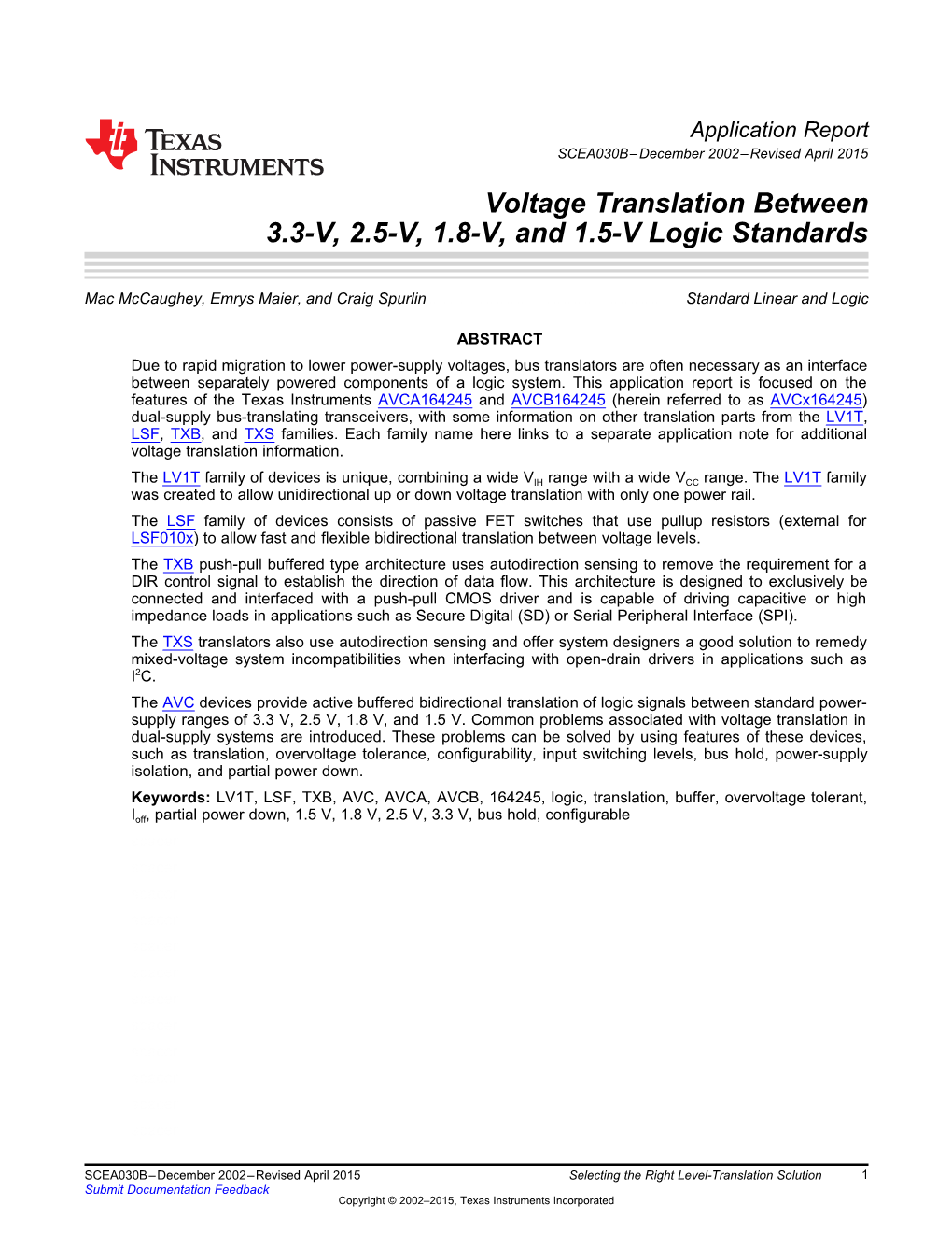 Voltage Translation Between 3.3-V, 2.5-V, 1.8-V, and 1.5-V Logic Standards