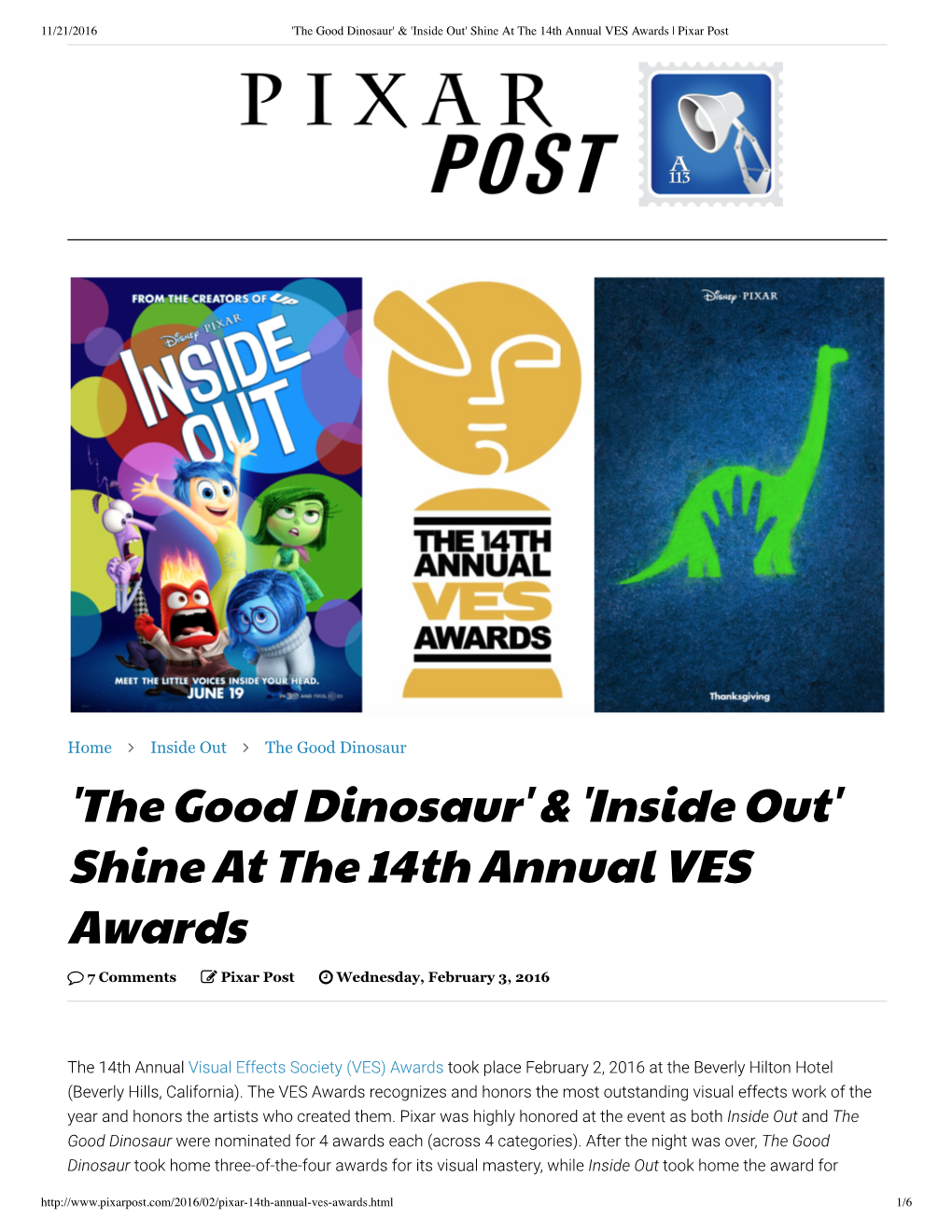 Shine at the 14Th Annual VES Awards | Pixar Post
