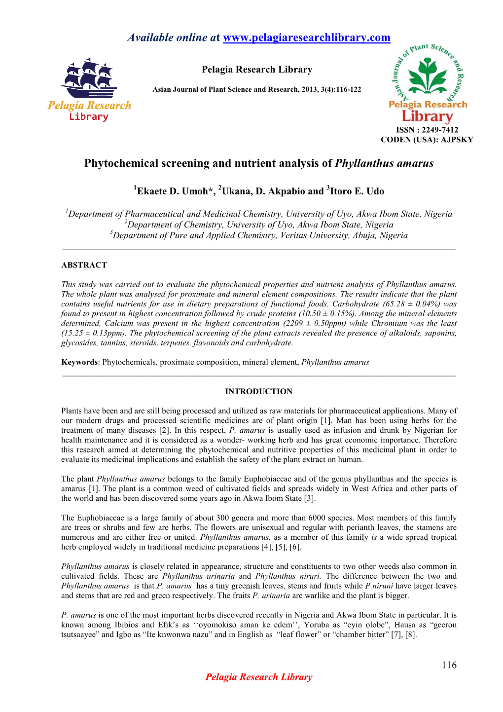 Phytochemical Screening and Nutrient Analysis of Phyllanthus Amarus