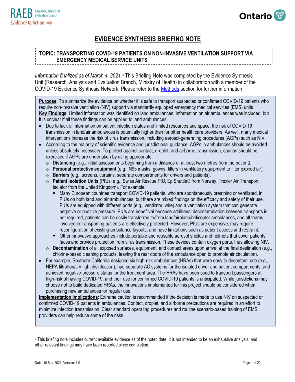 Evidence Synthesis Briefing Note