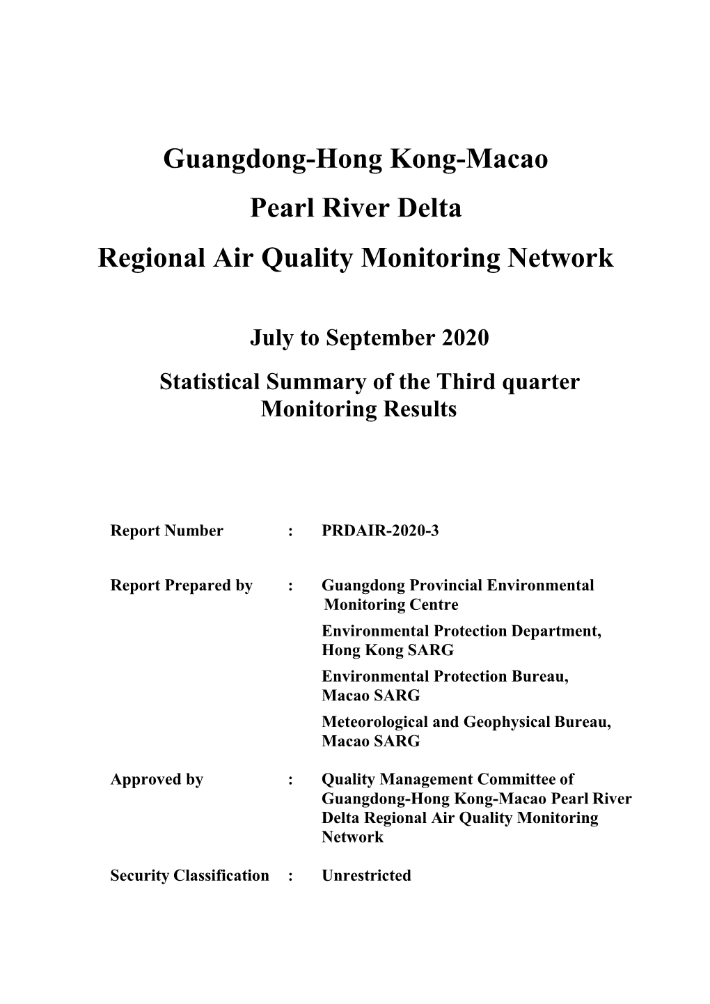 PRD Regional Air Quality Monitoring Network 2020 Third Quarter