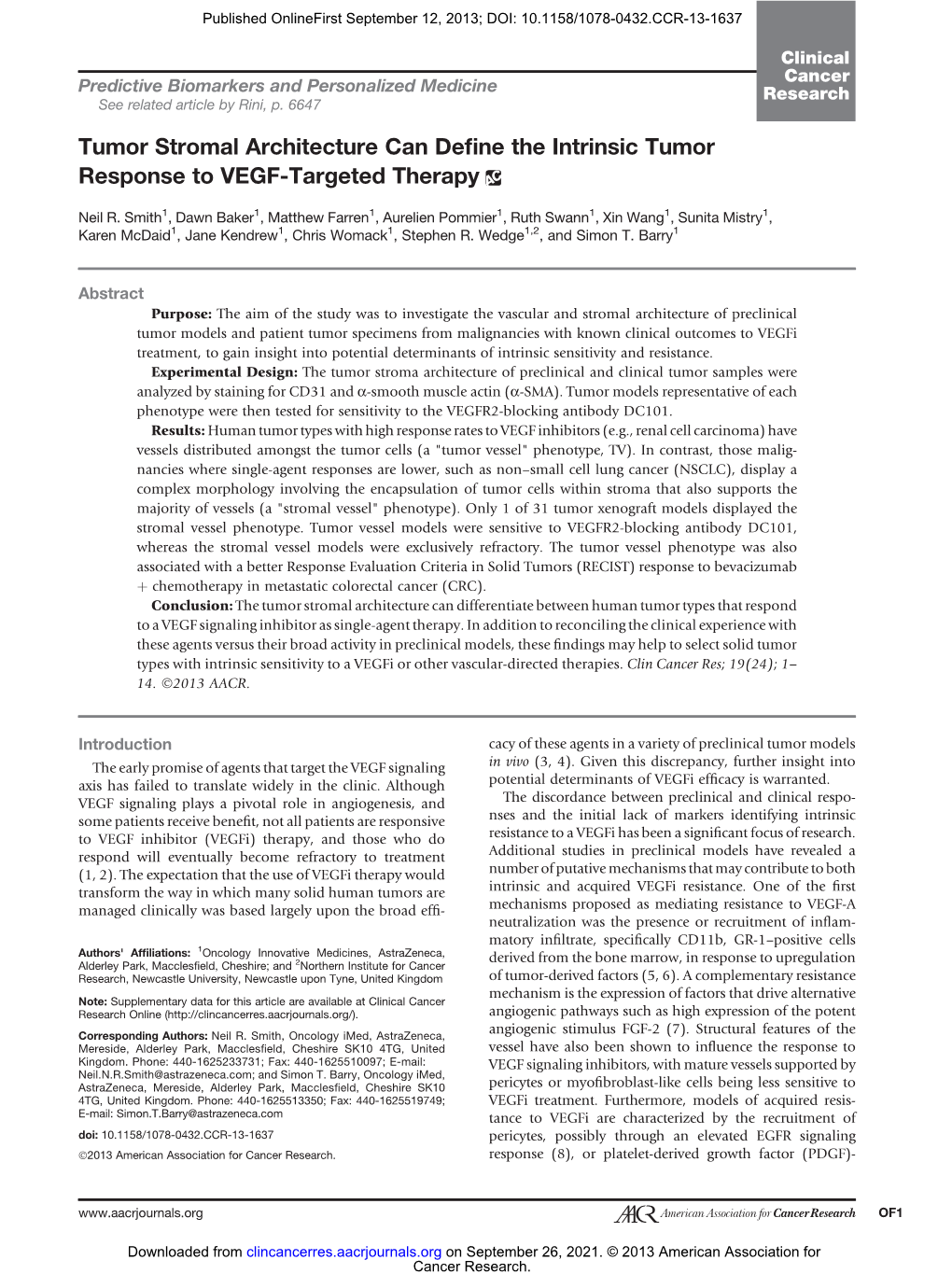 Tumor Stromal Architecture Can Define the Intrinsic Tumor Response to VEGF-Targeted Therapy