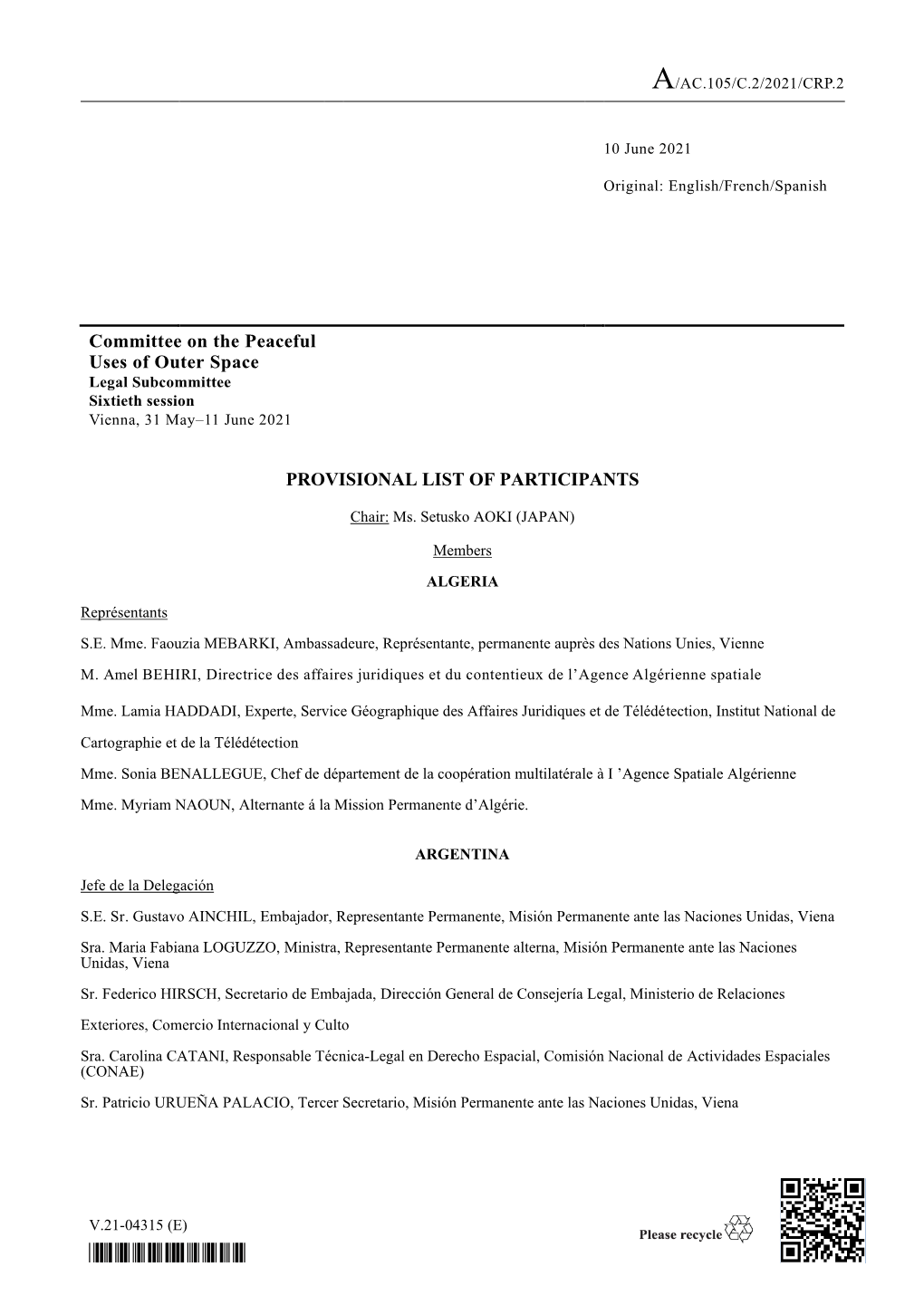 2104315* Committee on the Peaceful Uses of Outer Space