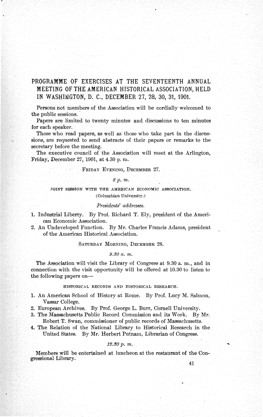 Programme of Exercises at the Seventeenth Annual Meeting of the American Historical Association, Held in Washington, D. C., December 27, 28, 30, 31, 1901