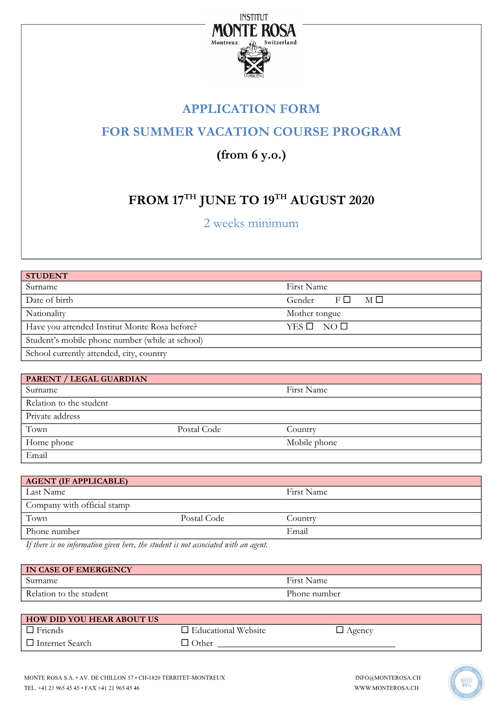 APPLICATION FORM for SUMMER VACATION COURSE PROGRAM (From 6 Y.O.)