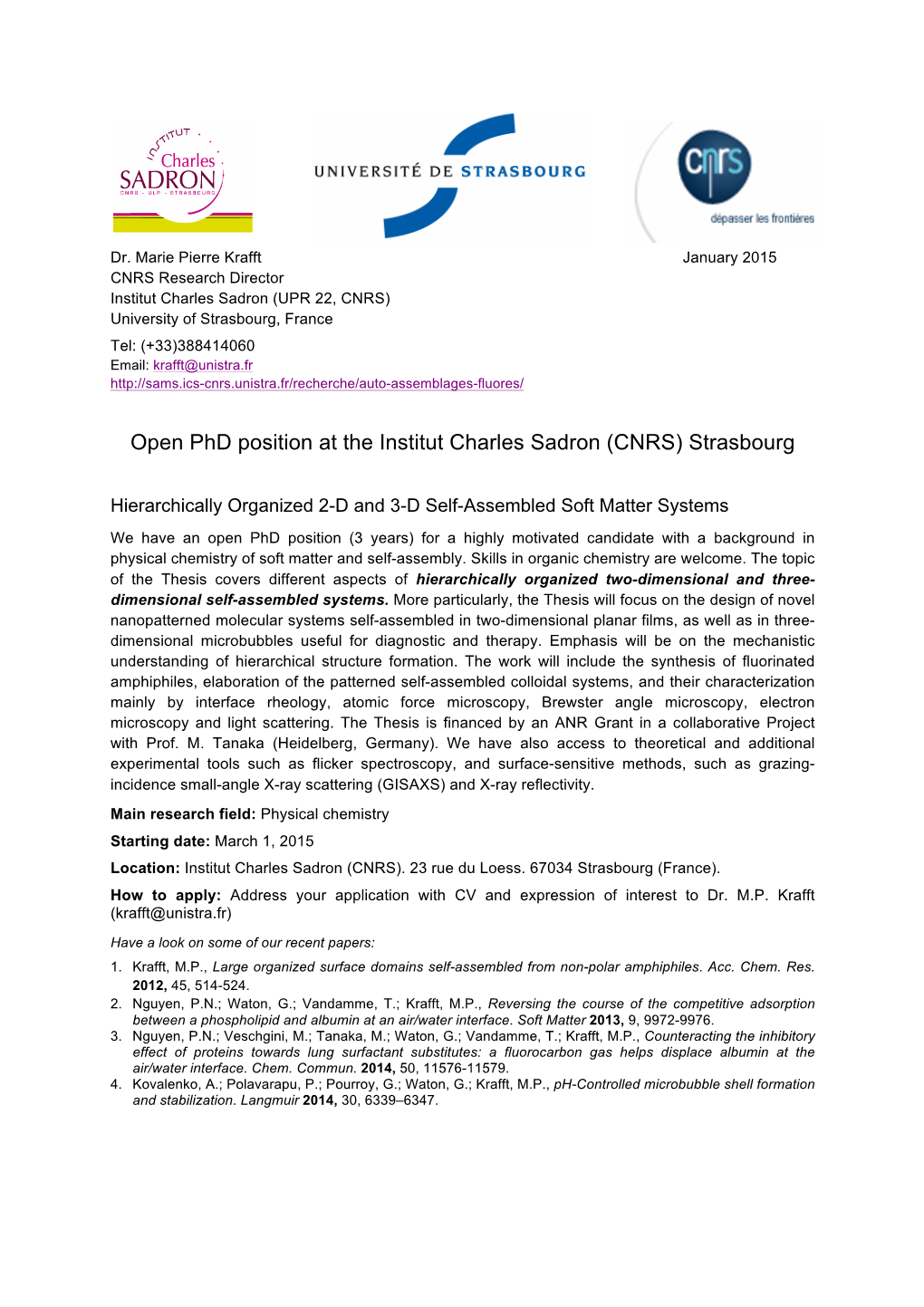 Open Phd Position at the Institut Charles Sadron (CNRS) Strasbourg