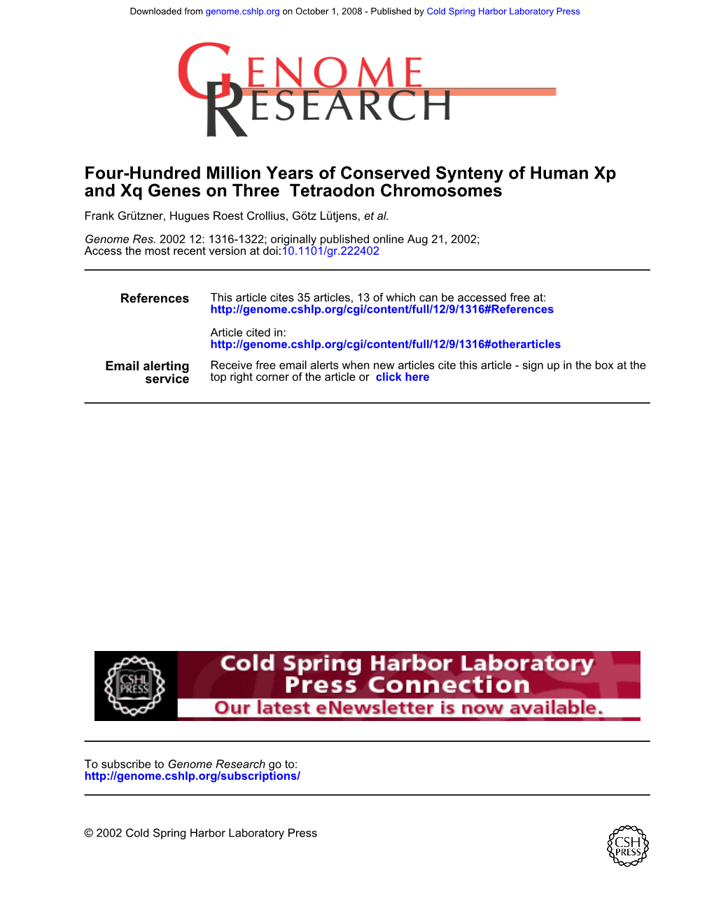 Chromosomes Tetraodon and Xq Genes on Three Four-Hundred