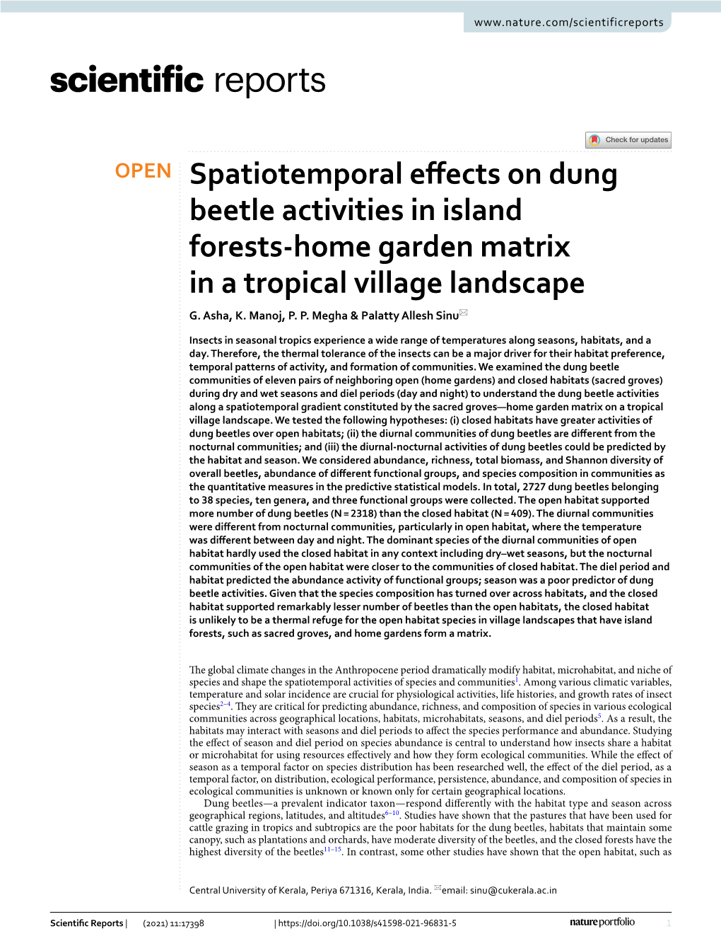 Spatiotemporal Effects on Dung Beetle Activities in Island Forests-Home Garden Matrix in a Tropical Village Landscape