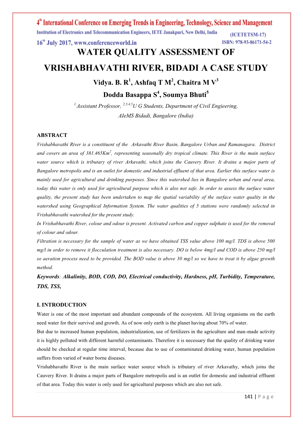 Water Quality Assessment of Vrishabhavathi River, Bidadi. a Case