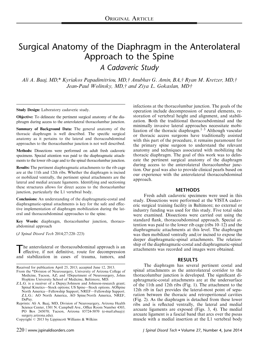 Surgical Anatomy of the Diaphragm in the Anterolateral Approach to the Spine a Cadaveric Study