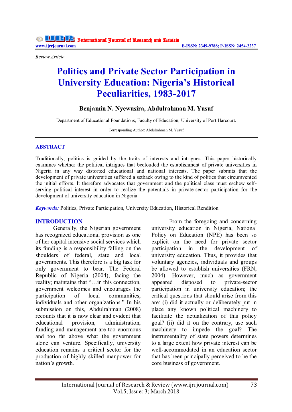 Politics and Private Sector Participation in University Education: Nigeria’S Historical Peculiarities, 1983-2017
