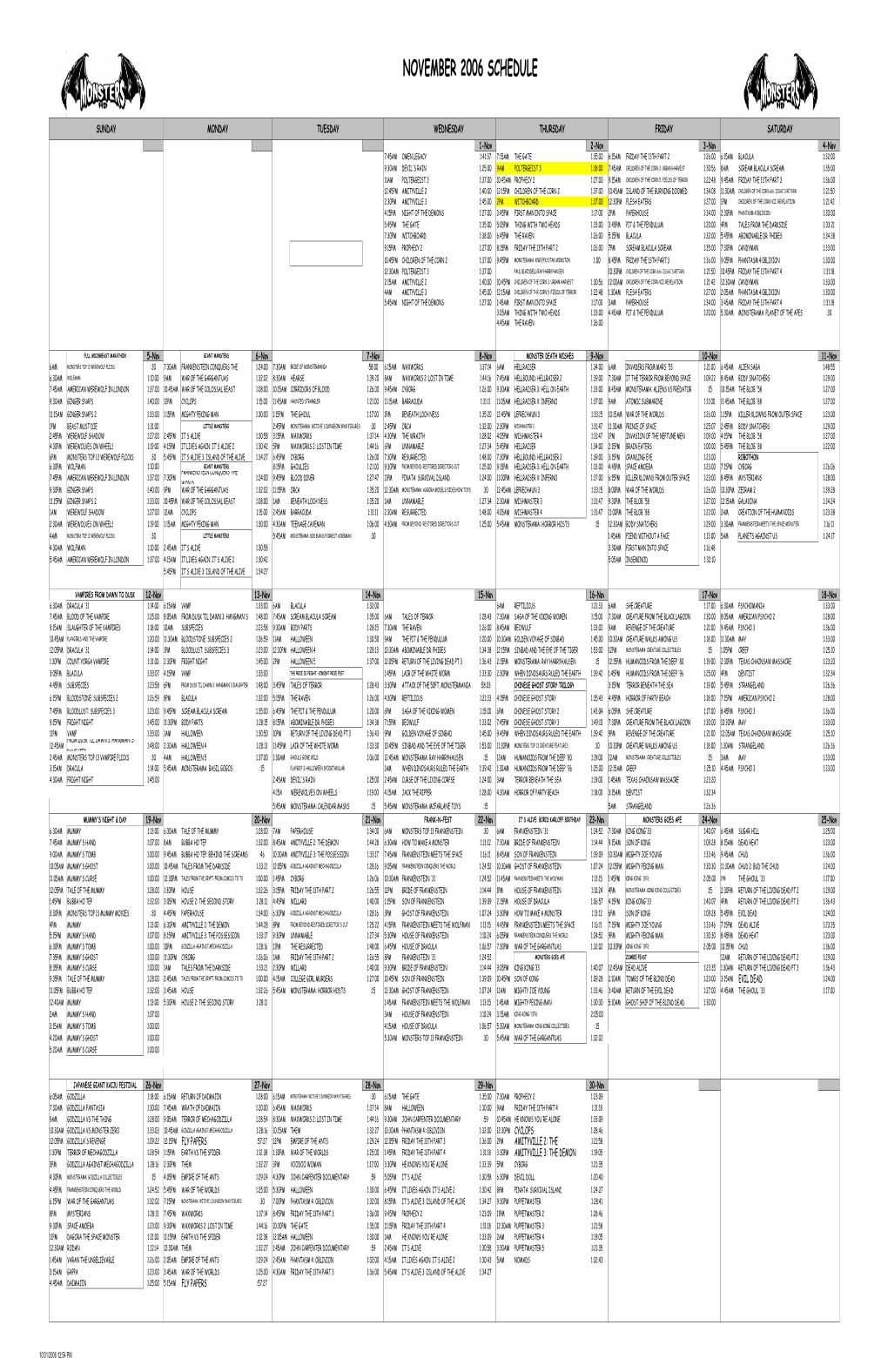 MONSTERS HD SCHEDULE November REVISED 2006