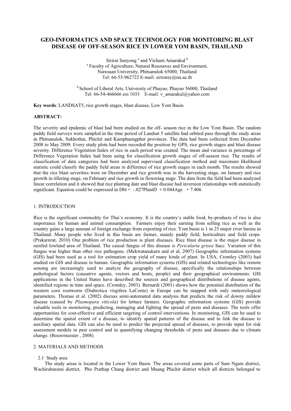 Geo-Informatics and Space Technology for Monitoring Blast Disease of Off-Season Rice in Lower Yom Basin, Thailand