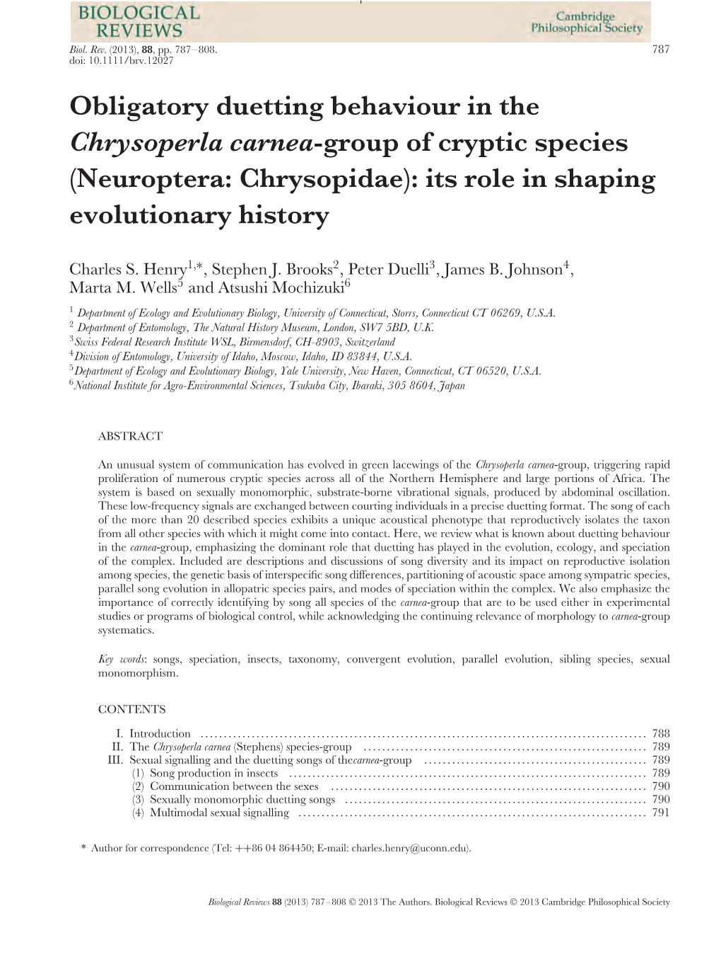 Obligatory Duetting Behaviour in the Chrysoperla Carneagroup of Cryptic