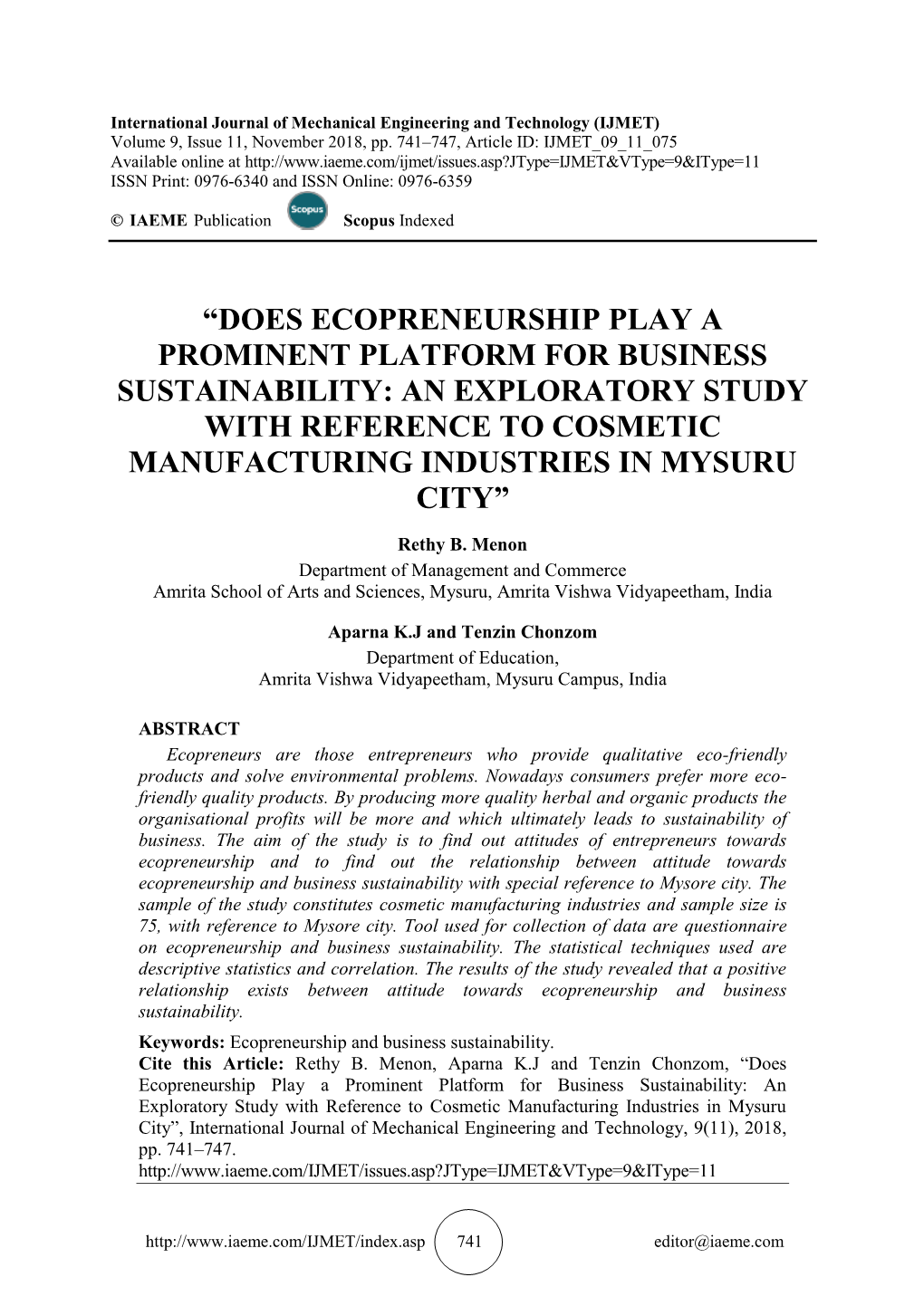 Does Ecopreneurship Play a Prominent Platform for Business Sustainability: an Exploratory Study with Reference to Cosmetic Manufacturing Industries in Mysuru City”