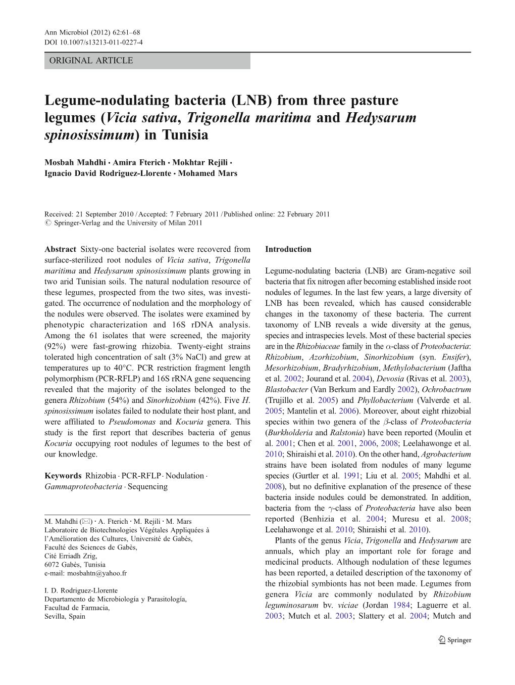 Legume-Nodulating Bacteria (LNB) from Three Pasture Legumes (Vicia Sativa, Trigonella Maritima and Hedysarum Spinosissimum) in Tunisia