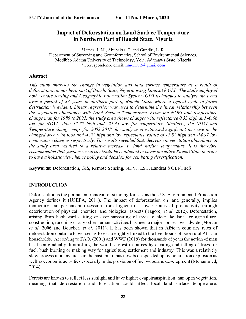 Impact of Deforestation on Land Surface Temperature in Northern Part of Bauchi State, Nigeria