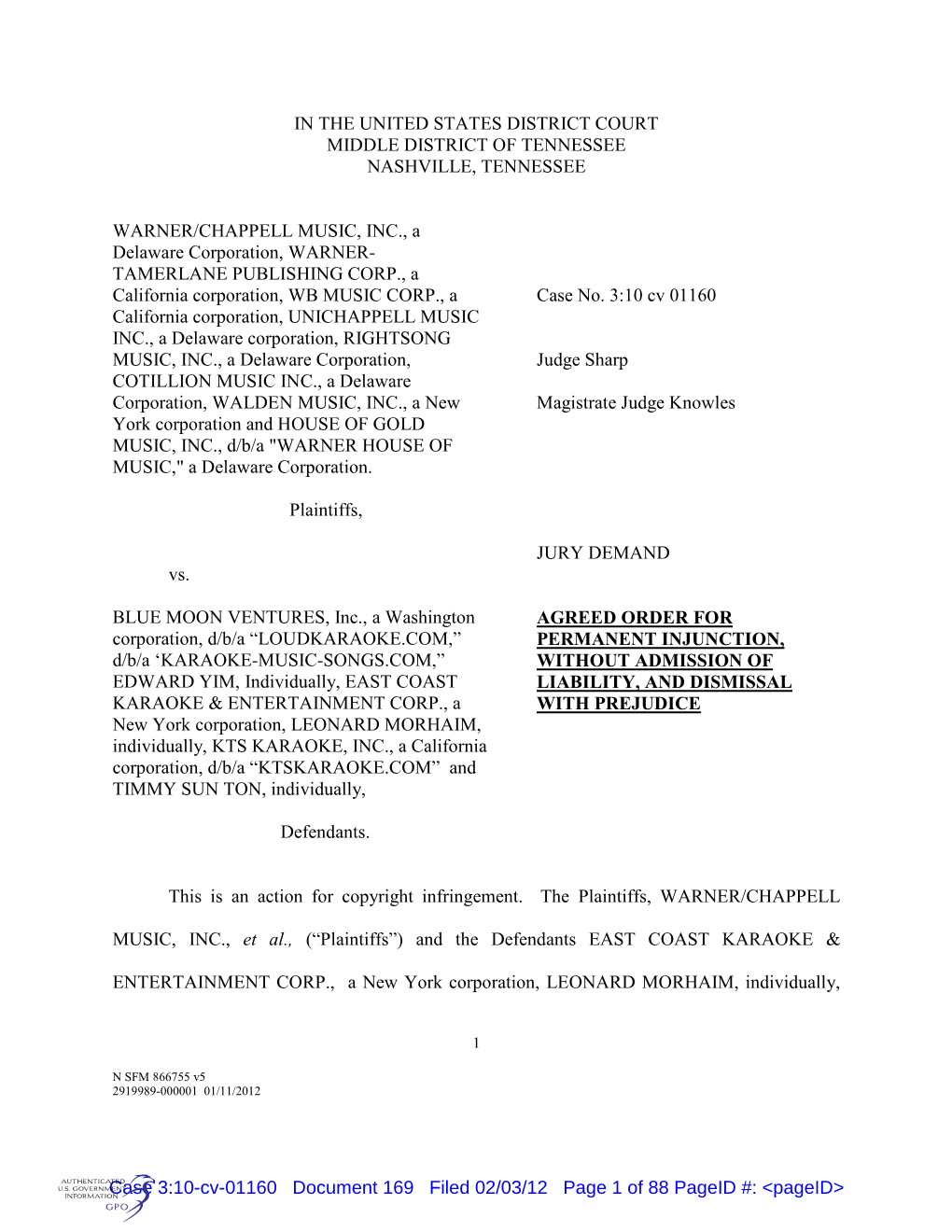 Case 3:10-Cv-01160 Document 169 Filed 02/03/12 Page 1 of 88