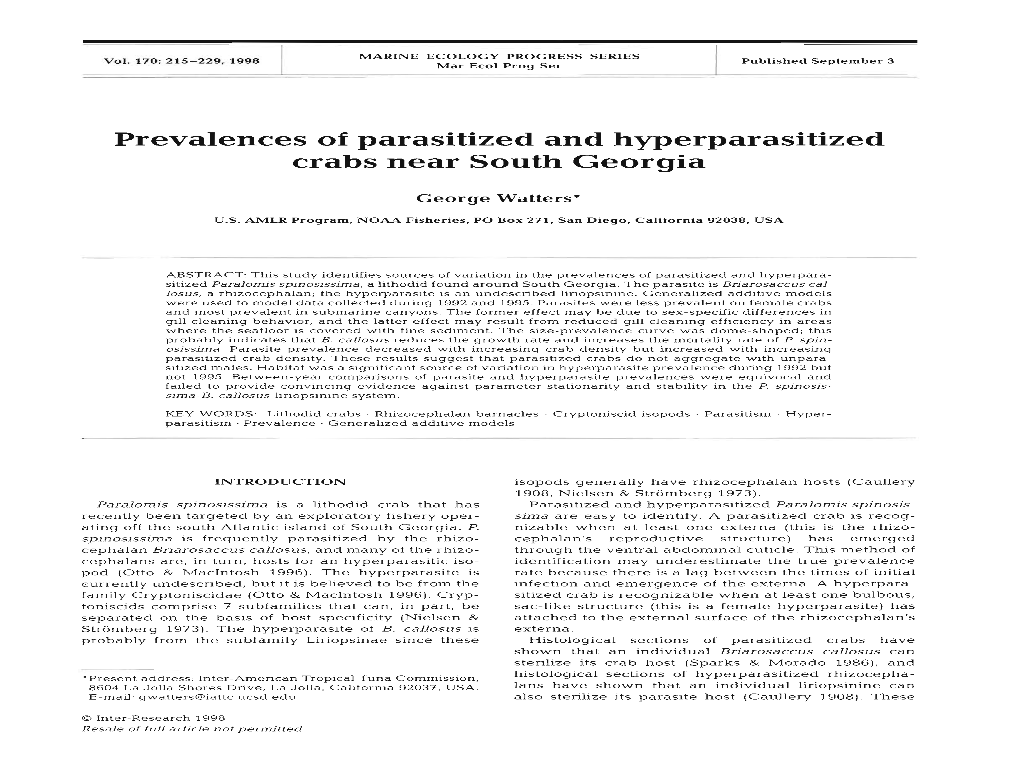 Prevalences of Parasitized and Hyperparasitized Crabs Near South Georgia