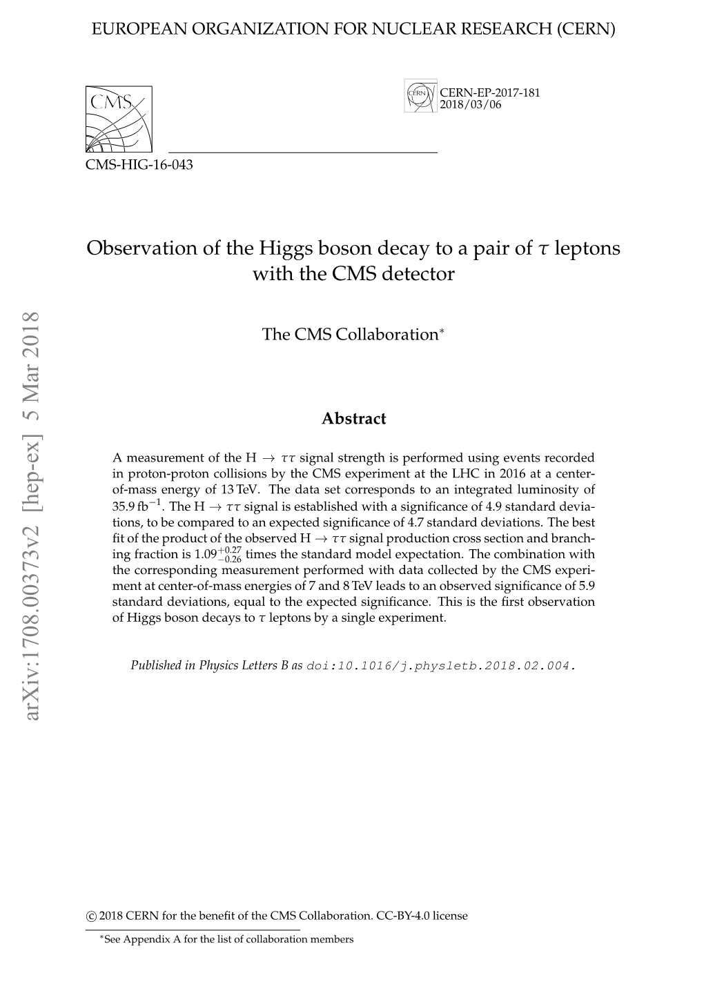 Observation of the Higgs Boson Decay to a Pair of Tau Leptons With