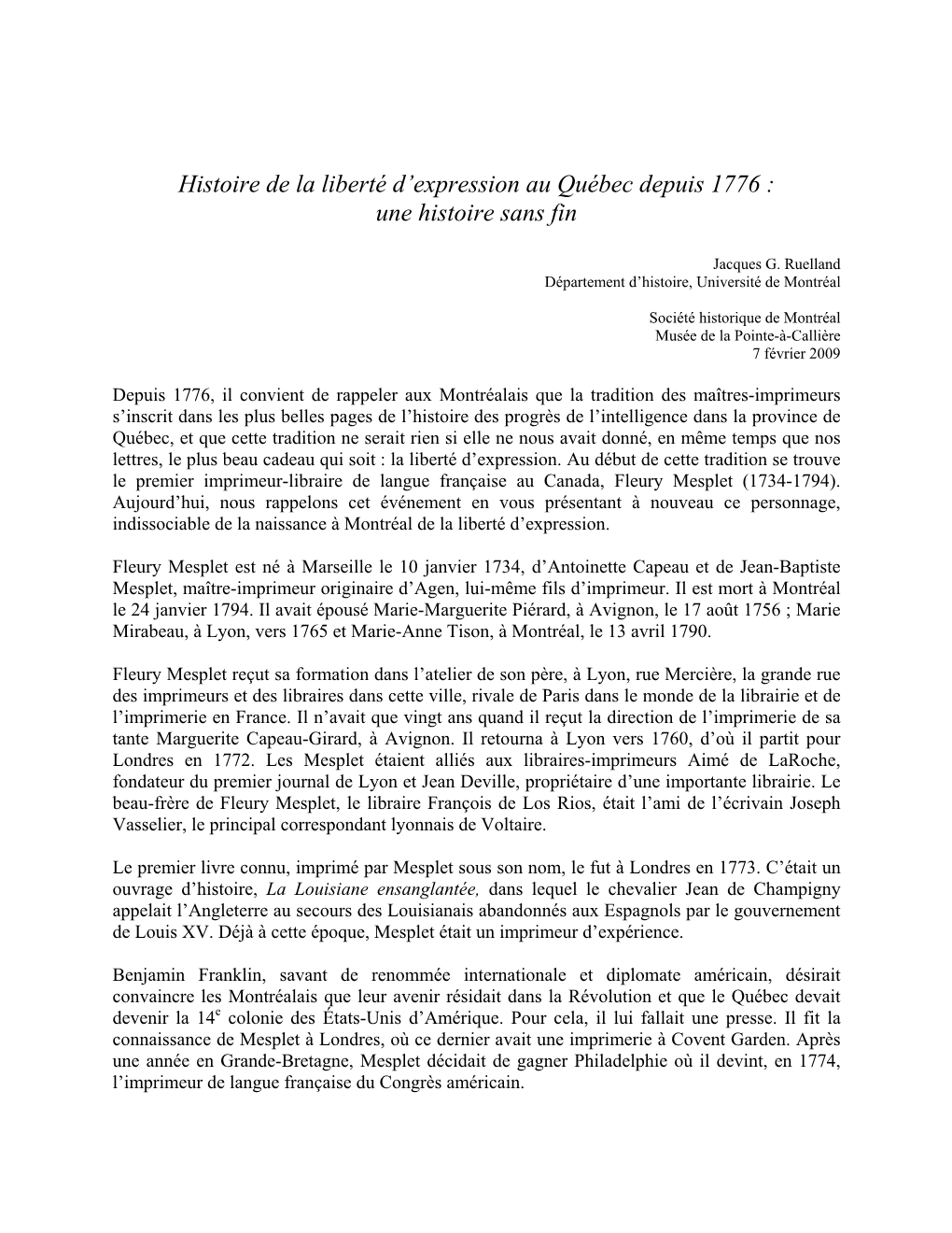 Histoire De La Liberté D'expression Au Québec Depuis 1776