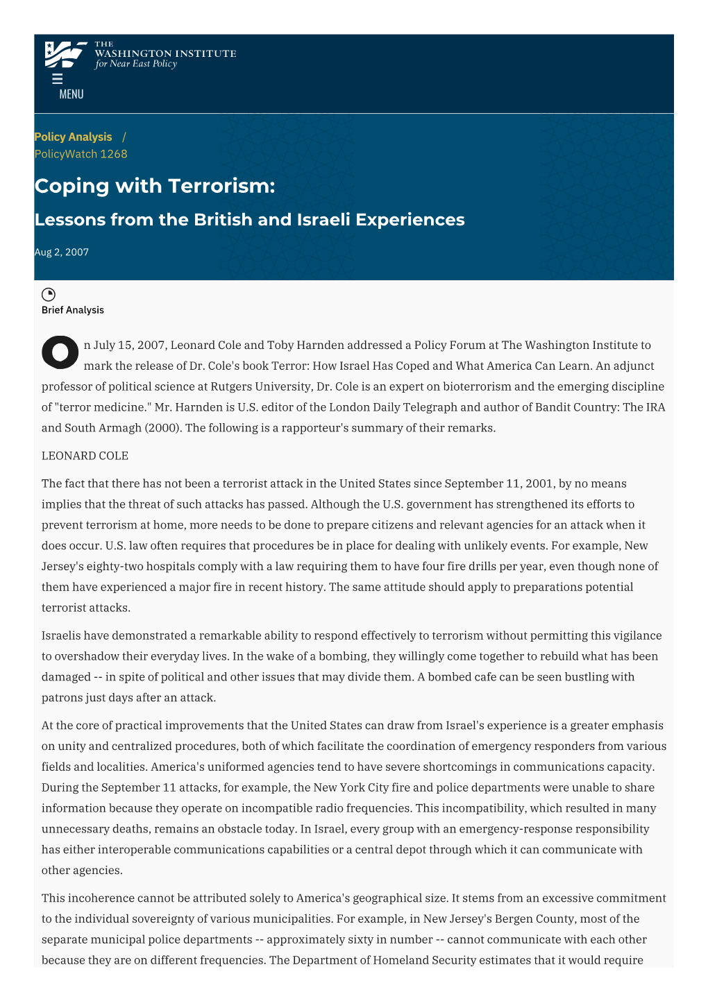 Coping with Terrorism: Lessons from the British and Israeli Experiences