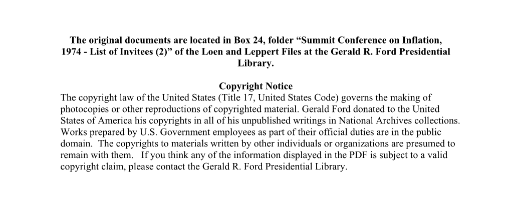 Summit Conference on Inflation, 1974 - List of Invitees (2)” of the Loen and Leppert Files at the Gerald R