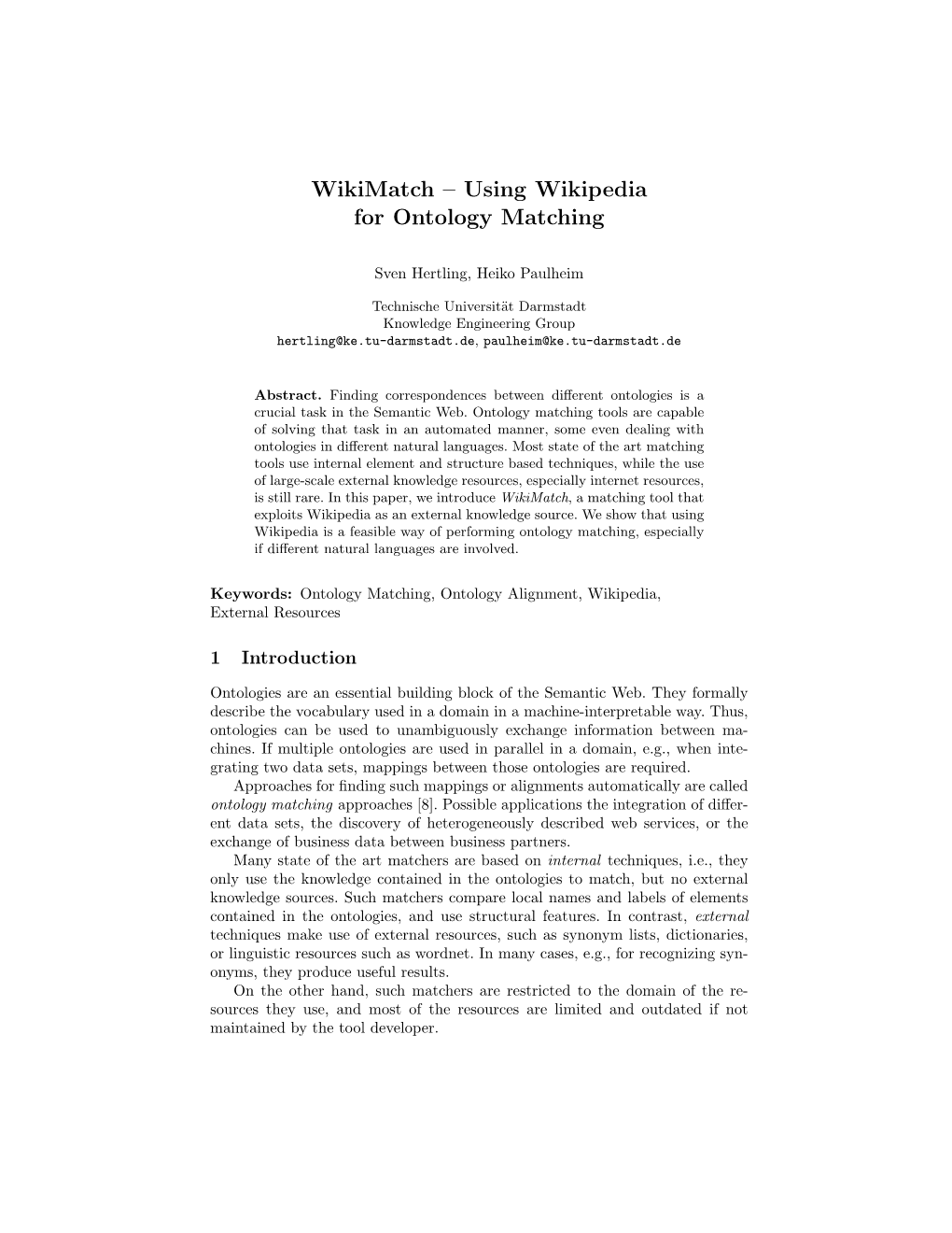 Wikimatch – Using Wikipedia for Ontology Matching