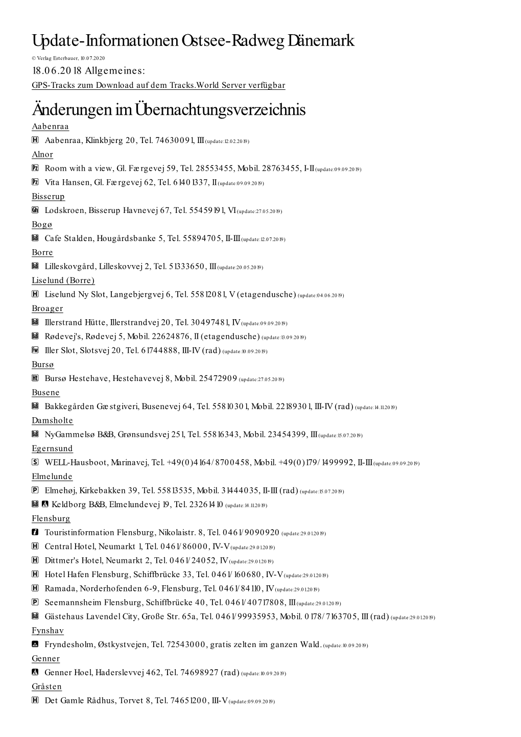 Update-Informationen Ostsee-Radweg Dänemark Änderungen Im Übernachtungsverzeichnis