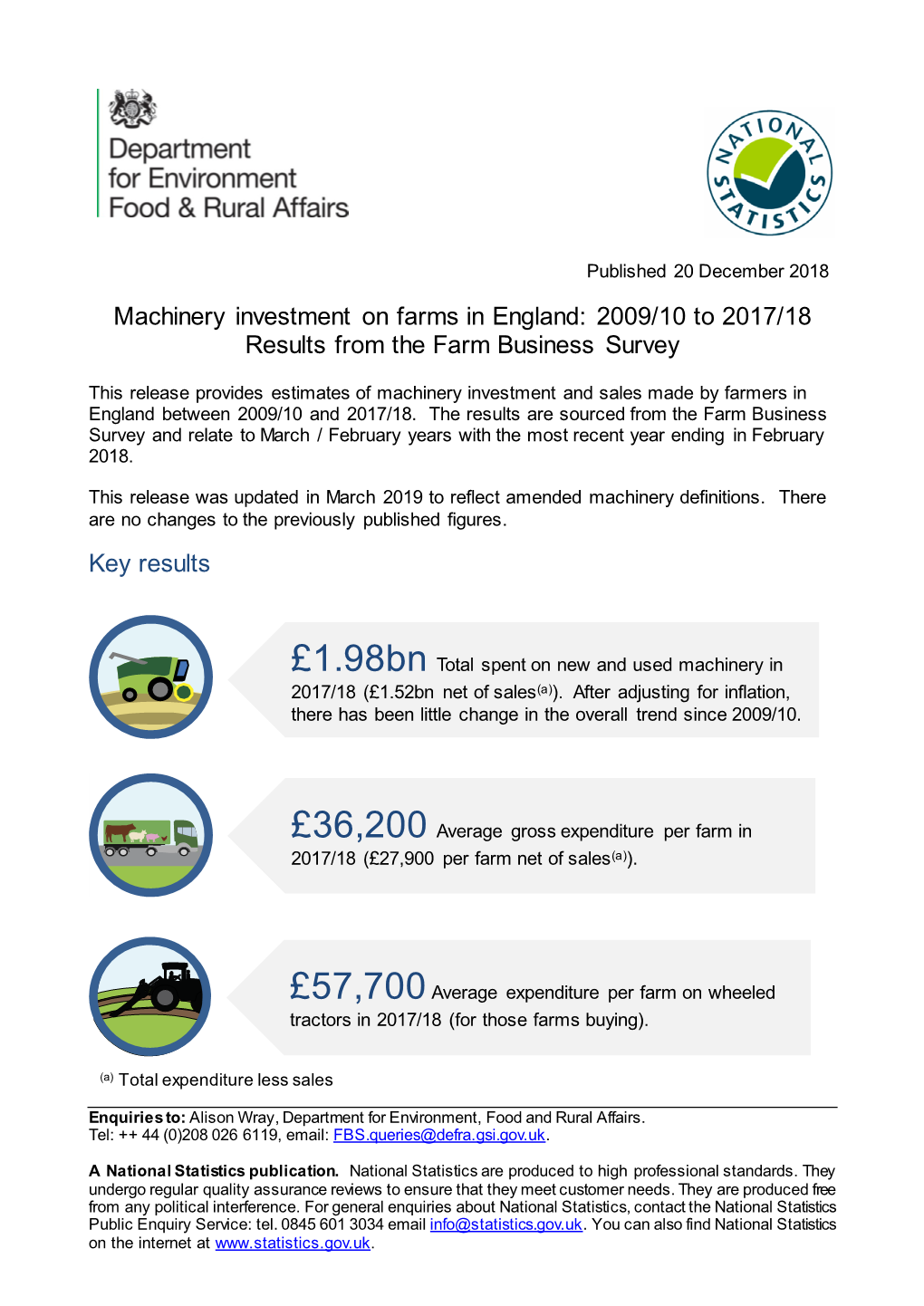 Machinery Investment on Farms in England: 2009/10 to 2017/18 Results from the Farm Business Survey