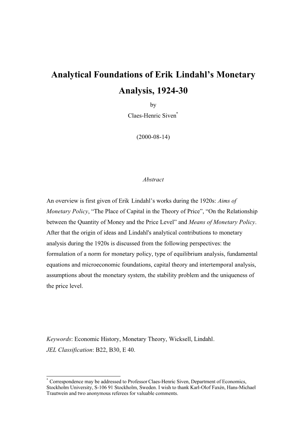 Analytical Foundations of Erik Lindahl's Monetary Analysis, 1924-30