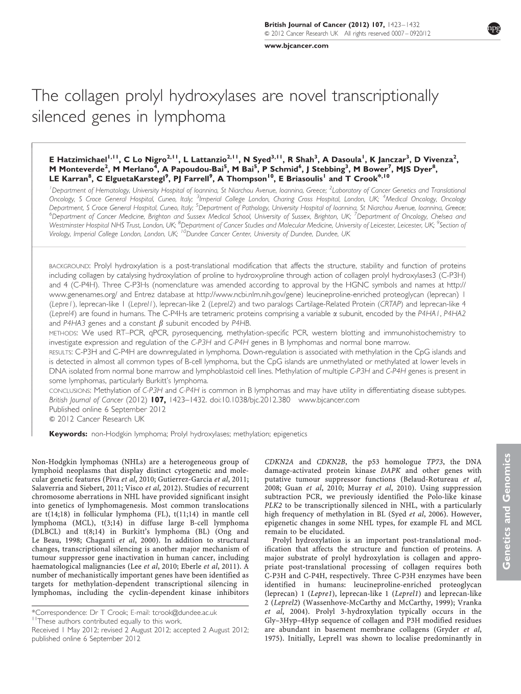 The Collagen Prolyl Hydroxylases Are Novel Transcriptionally Silenced Genes in Lymphoma