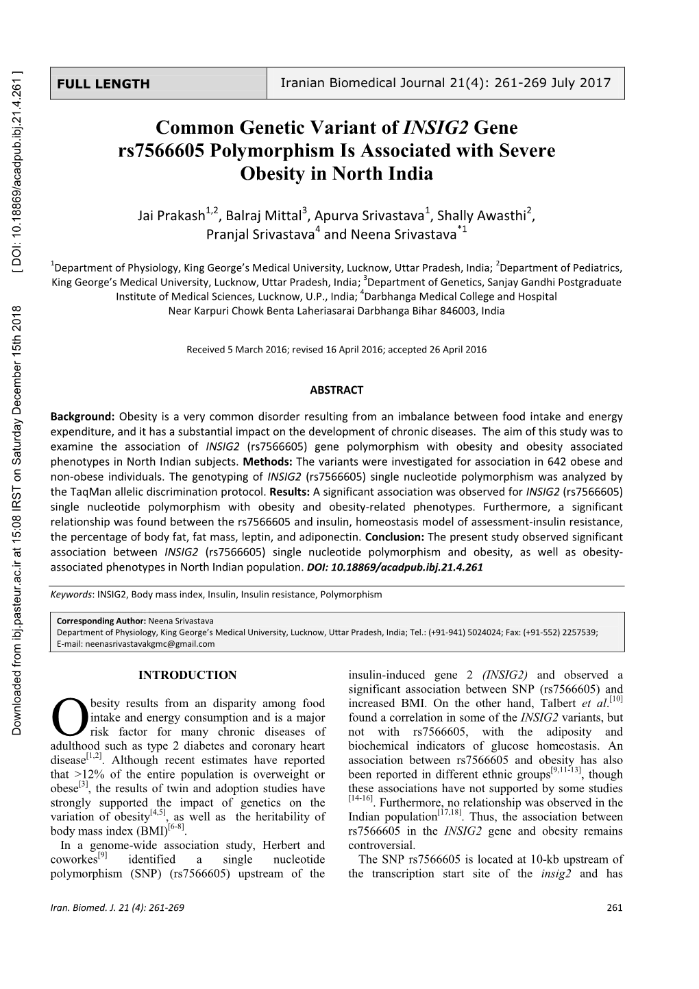 Common Genetic Variant of INSIG2 Gene Rs7566605 Polymorphism Is Associated with Severe Obesity in North India