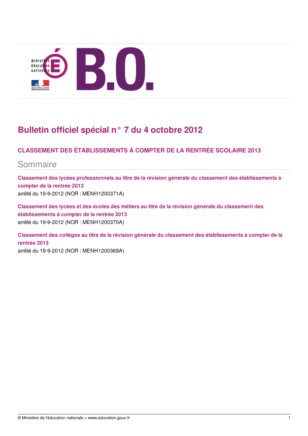 Bulletin Officiel Spécial N° 7 Du 4 Octobre 2012