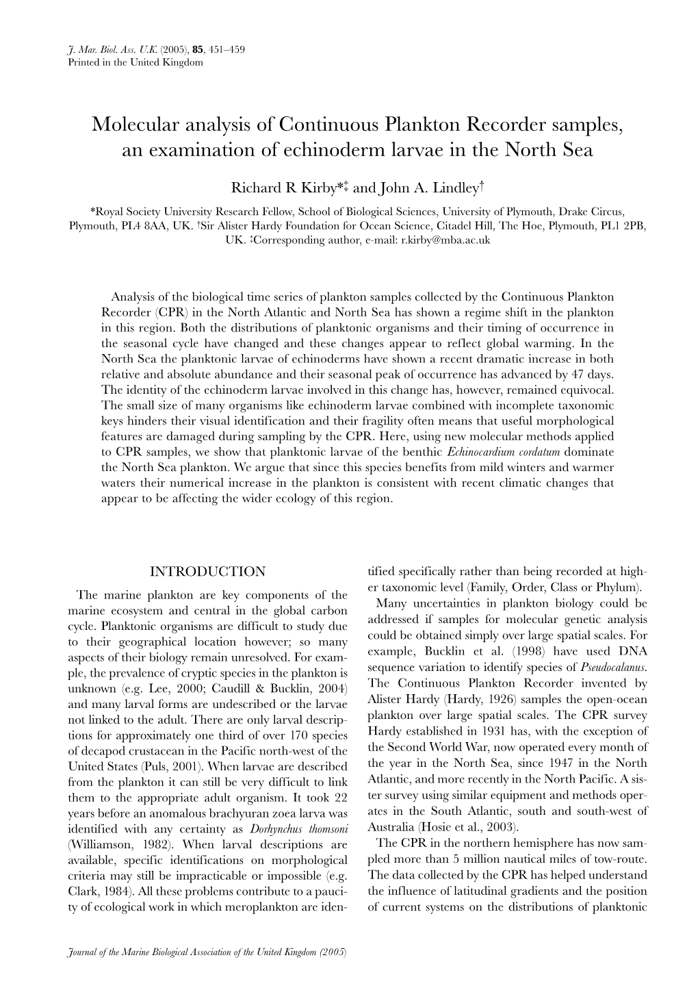 Molecular Analysis of Continuous Plankton Recorder Samples, an Examination of Echinoderm Larvae in the North Sea