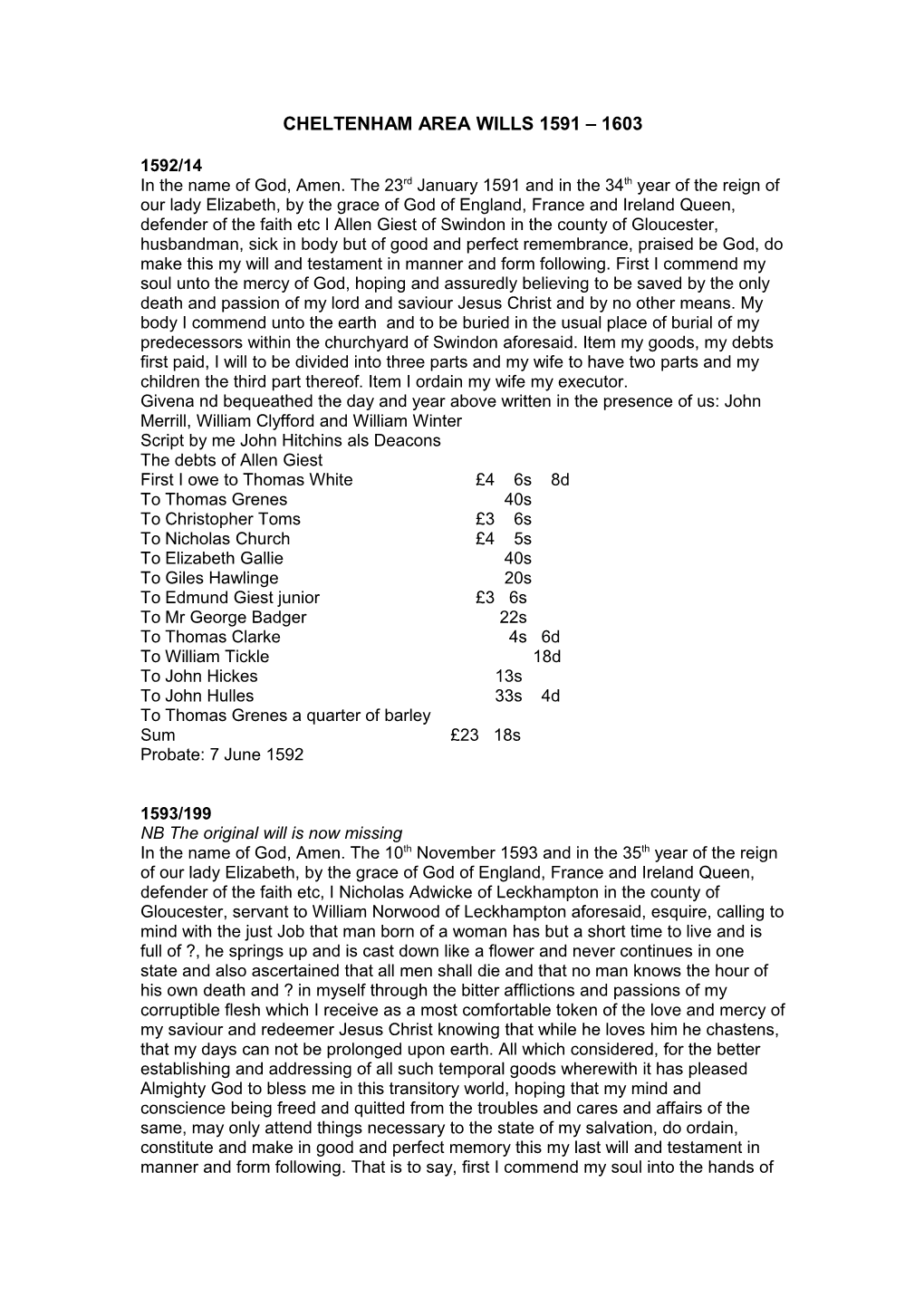 Cheltenham Area Wills 1591 – 1600