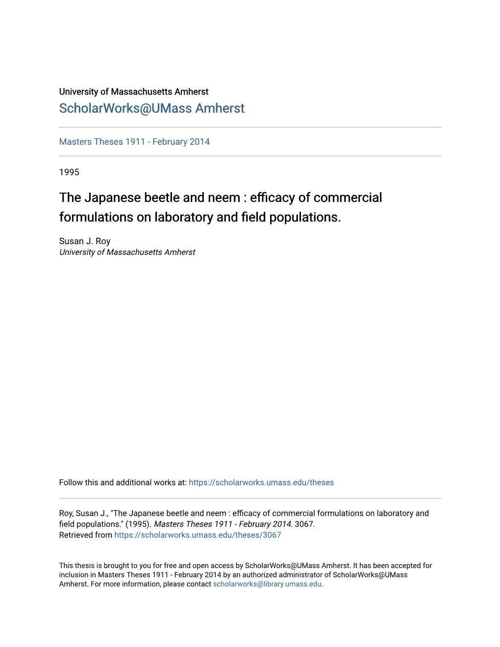 The Japanese Beetle and Neem : Efficacy of Commercial Formulations on Laboratory and Field Populations