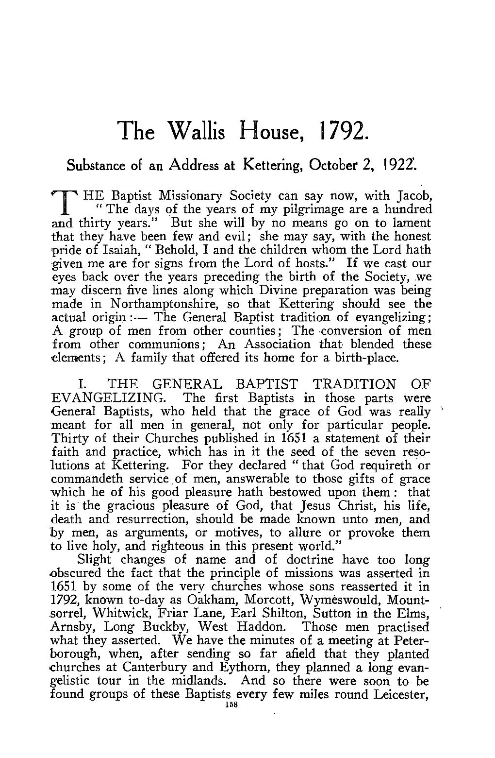 The Wallis House, 1792. Substance of an Address at Kettering, October 2, 1922'