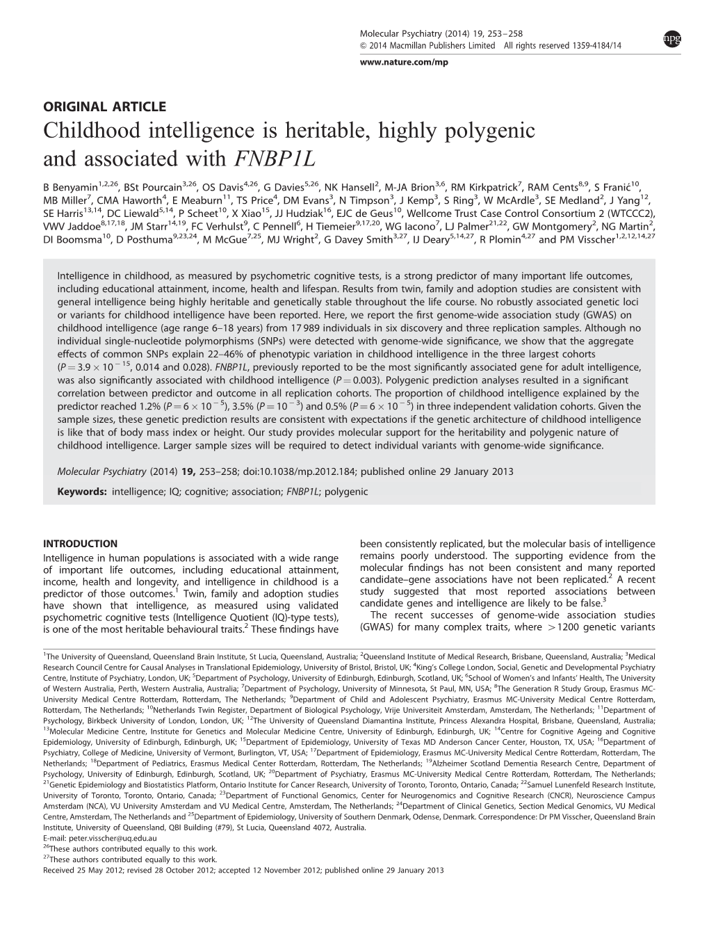 Childhood Intelligence Is Heritable, Highly Polygenic and Associated with FNBP1L